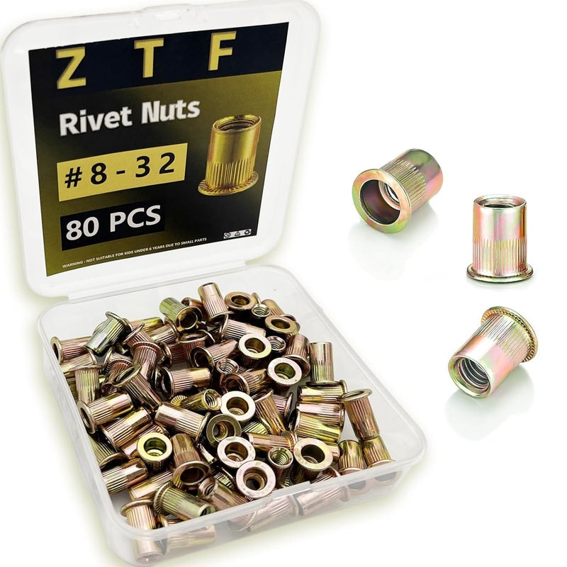 ZTF SAE 8-32 10-24 1/4-20 5/16-18 3/8 Inch-16UNC Rivet Nut Assortment Kit, Yellow Zinc Flat Head Rivnut Set, Threaded Insert Nutsert Rivnuts for Metal, Plastic, Fiberglass (#8-32UNC) - Image 1